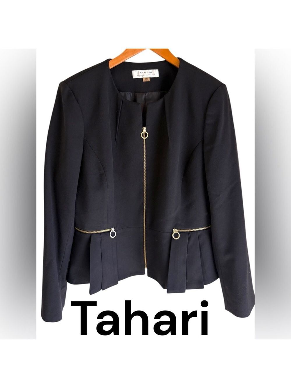 Tahari ASL-Size 14 chic black peplum blazer/gold zippers. Like new preowned!!!